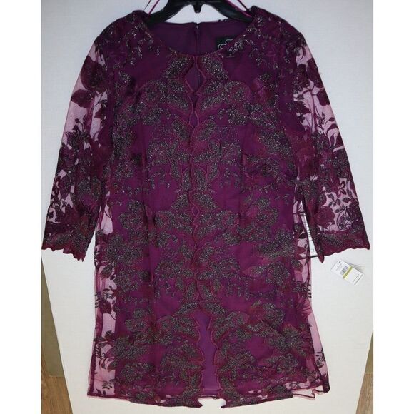 Alex Evenings Women Sz 14 Plum Purple Embroidered Sheer Overlay Midi Dress $219 - Picture 7 of 10
